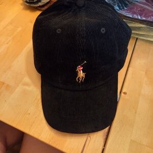 Polo by Ralph Lauren Black Corduroy Baseball Cap with Polo Player Embroidery